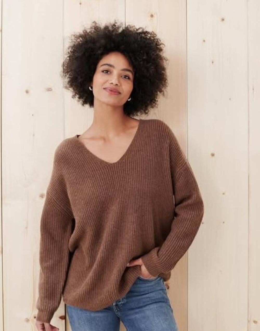 Jenni Kayne Wool Cashmere V-Neck Cabin Sweater Nutmeg Brown Plus Size 3X XXL